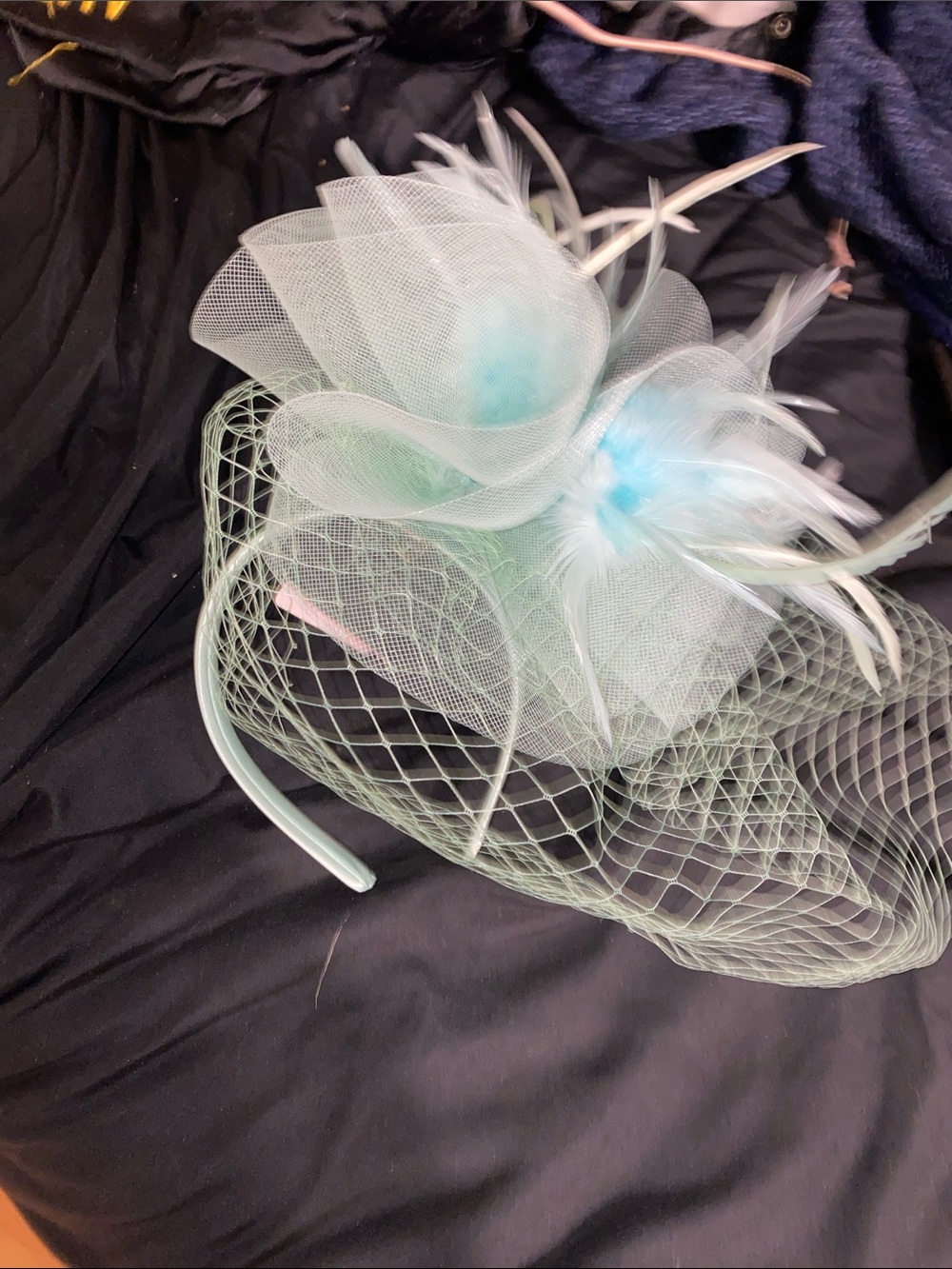 Mint Blue Feather and Veil Fascinator Headband